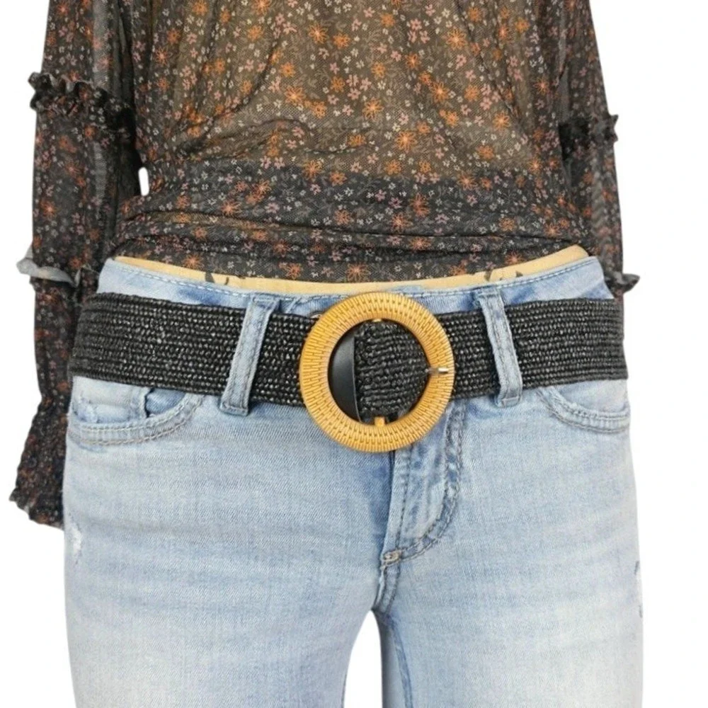 Vintage‎ Boho Woven Belt Stretchy Straw OS Chunky Buckle Hippie Earthy Indie